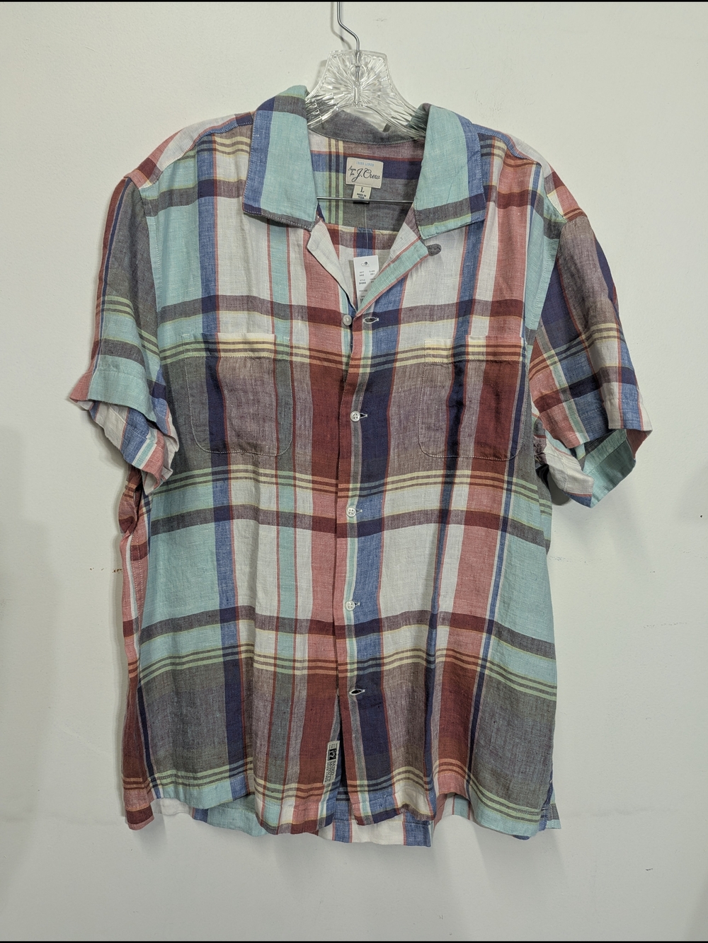 J. Crew Irish Linen Short-Sleeve Plaid Camp Shirt Baird McNutt L